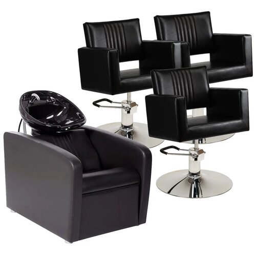 фото Парикмахерский комплект "перфект", черный, 3 кресла гидравлика диск, 1 мойка средняя белая раковина салон и спа