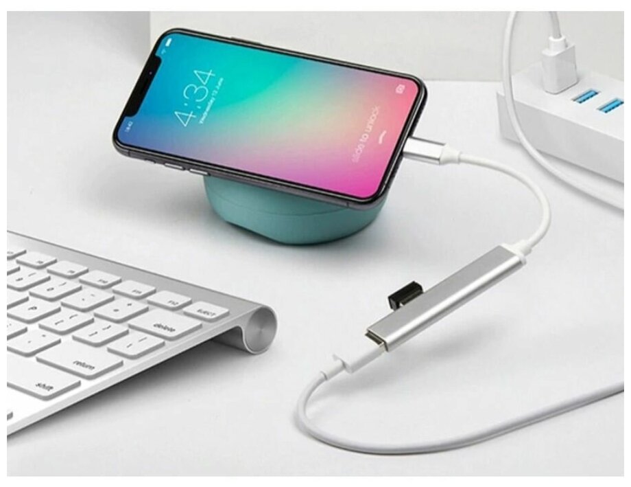 Type-C - концентратор разветвитель хаб GSMIN B15 3x USB 20 USB 30 переходник адаптер 20 см Серебристый