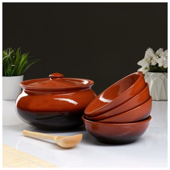 Набор посуды Вятская керамика 2,5л + 4х0,5л + деревянная ложка, традиционный