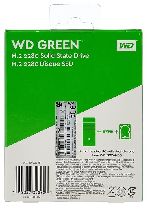 Твердотельный накопитель SSD WD Green 3D NAND WDS120G2G0B 120ГБ M22280 SATA-III TLC