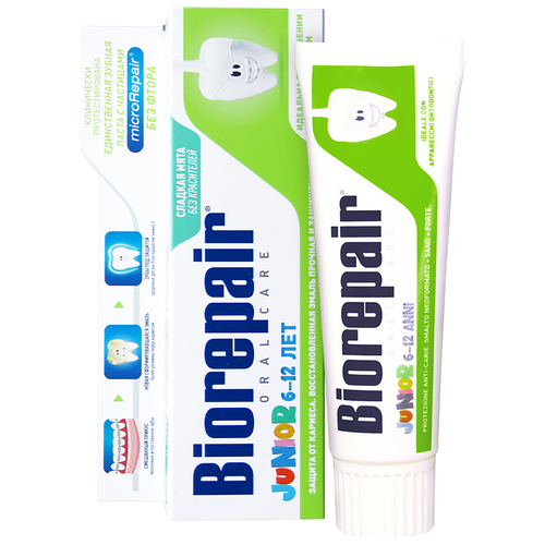 Детская зубная паста BIOREPAIR Junior Mint без фтора, с витамином Е, нежная мята, 75 мл