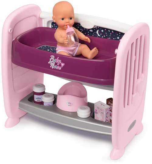 Кроватка для пупса 2 в 1 с регулируемой высотой Baby Nurse, Smoby (игровой набор, кукла, 8 аксессуаров, 220353)