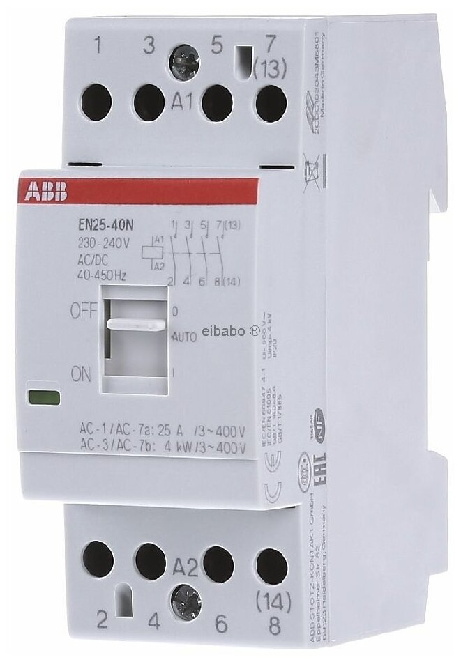 Контактор ABB EN25-40N-06 модульный с ручным управлением 25А  4НО катушка 230В AC/DC 1SAE232111R0640