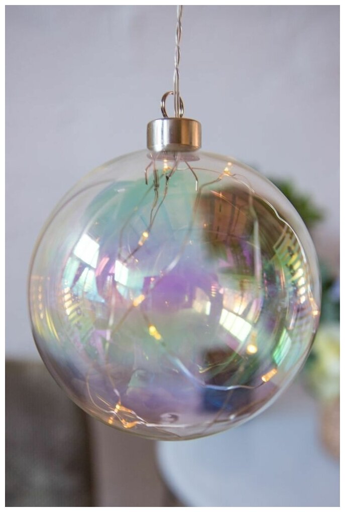 Светящийся ёлочный шар перламутровый шарм, стекло, 10 тёплых белых микро LED-огней, 12 см, батарейки, Peha Magic GF-15510