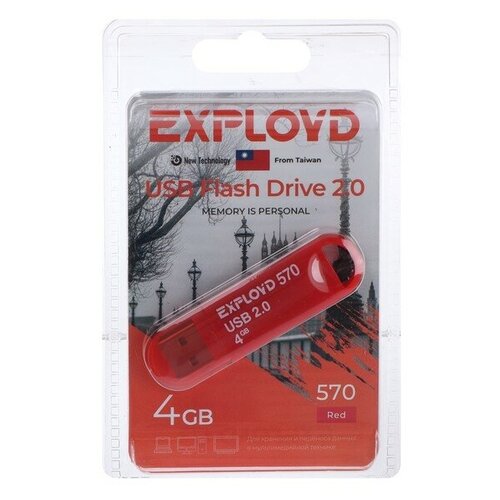 Флешка Exployd 570, 4 Гб, USB2.0, чт до 15 Мб/с, зап до 8 Мб/с, красная флешка exployd 570 32gb black