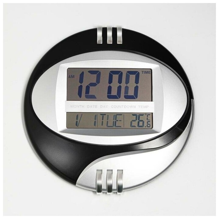 Часы настенные электронные с календарем, таймером и термометром, 26х26х3 см, черные 7314824