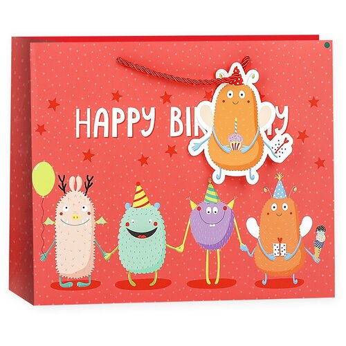 фото Пакет подарочный 3d, с днем рождения! (яркие монстрики), красный, 19*24*10 см, 1 шт. дон баллон