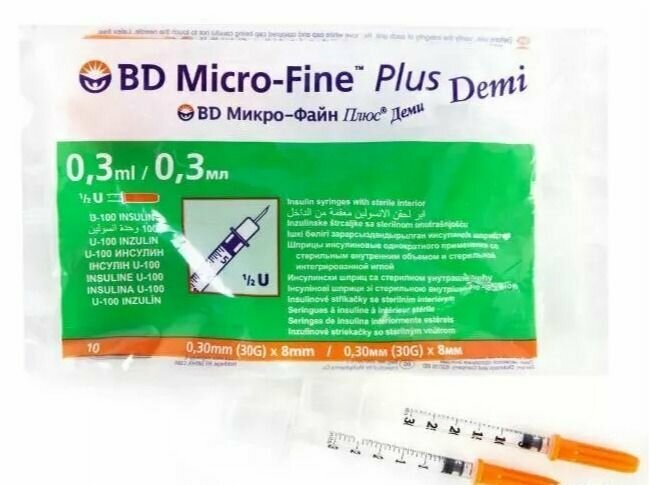 Шприц инсулиновый "BD Micro-Fine" 0.3мл/U-100, с интегрированной иглой 30G (0,30мм x 8мм), 10 шт