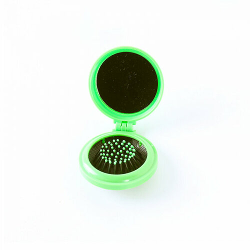 Расческа массажная круглая с зеркалом складная, цвет зеленый