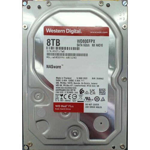 Жесткий диск Western Digital Red Plus NAS HDD 3.5" SATA 8Tb, 5640RPM, 256MB buffer, CMR, WD80EFPX, 1 year (WD80EFPX)