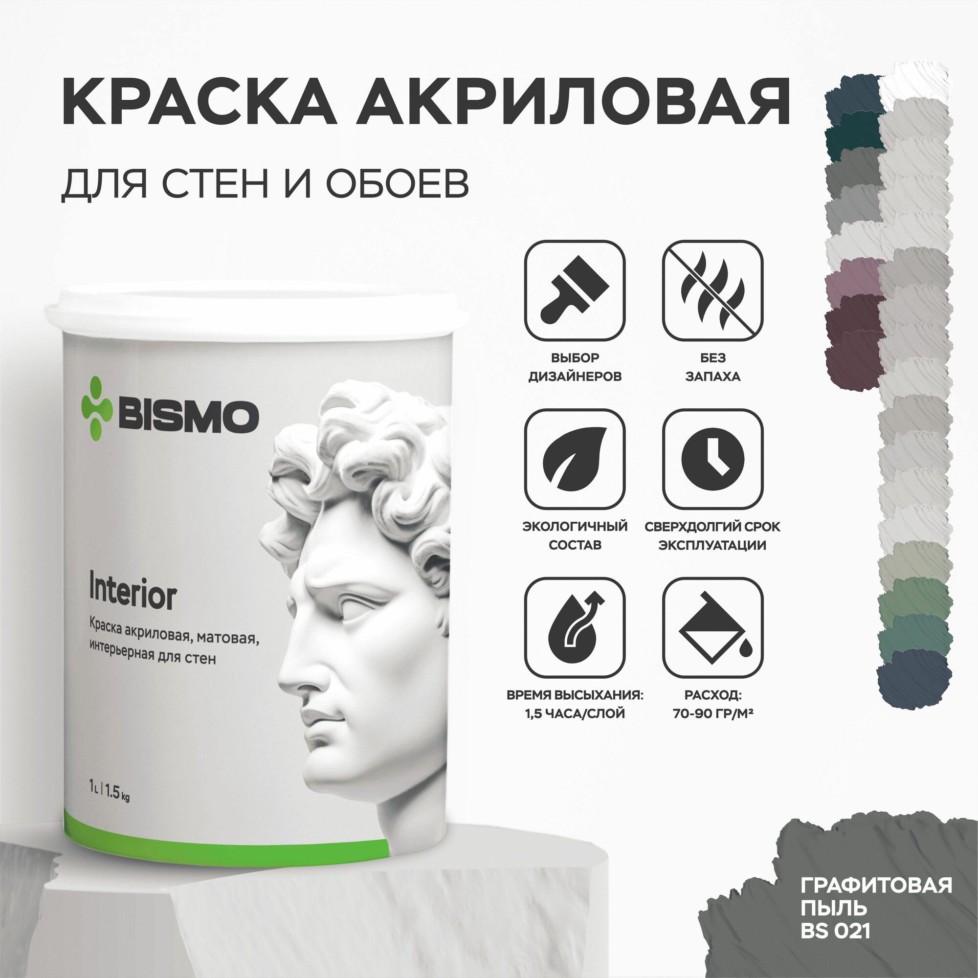 Краска интерьерная для стен потолков Bismo моющаяся, акриловая, быстросохнущая, без запаха, Графитовая пыль, 1,5 кг (с)