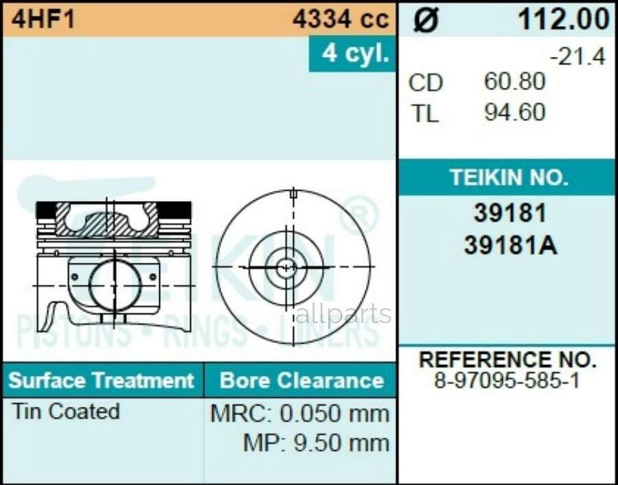 TEIKIN 39181 050 Поршни (к-т 4шт) 050 ISUZU ELF 4HF1 93-99