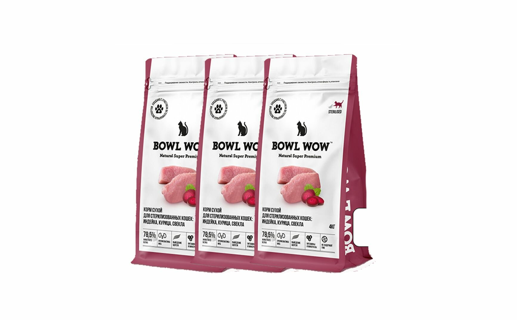 BOWL WOW сухой корм для стерилизованных кошек, с индейкой и свеклой - 4 кг x 3 шт.