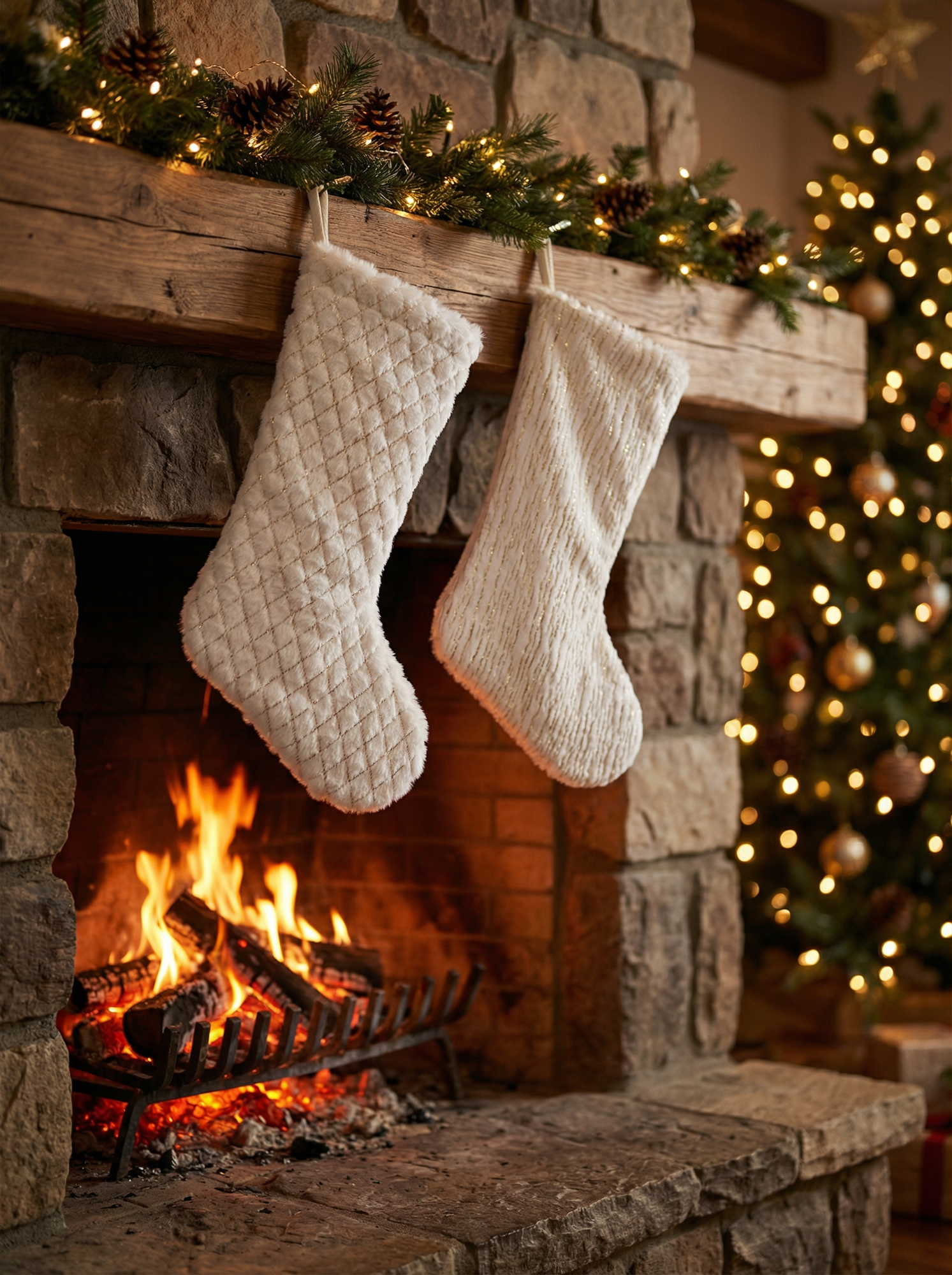 Комплект новогодних декоративных мешков-носков 2 штуки бело-золотых размер: 40*30 см