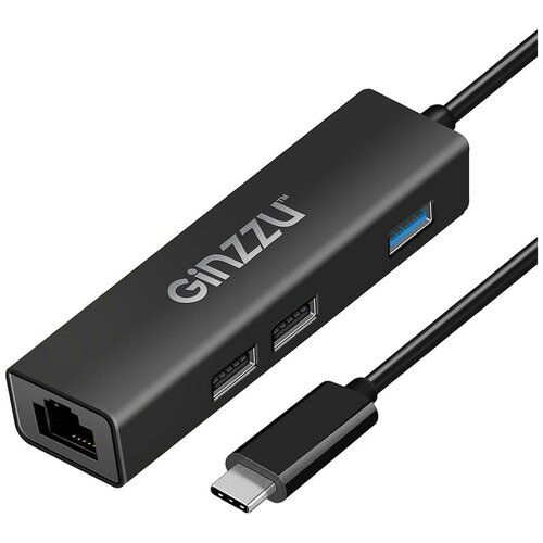 Хаб USB Ginzzu GR-762UB USB Type-C - USB 3.0/2xUSB 2.0/RJ45 Black 17425