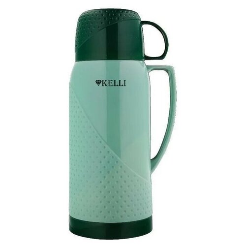 Термос Kelli 1л со стеклянной колбой, две чашки, темно-зеленый