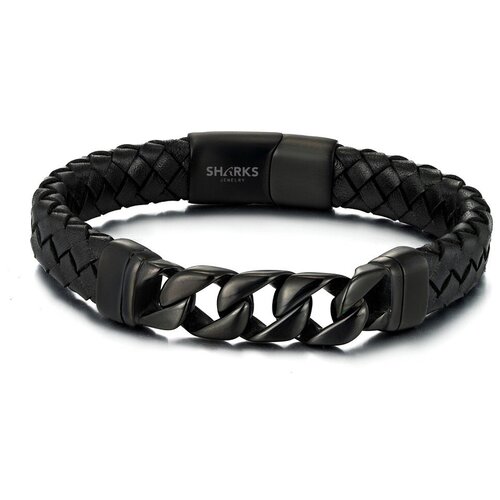 фото Браслет из кожи и стали с кубинкой цепью, 20.5 см sharks jewelry