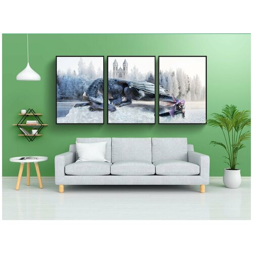 фото Набор модулных постеров для интерьера "дракон, эльф, зима" 60x90 см. в тубусе, без рамки lotsprints