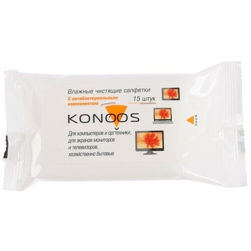 Салфетки для очистки техники Konoos KSC-15, влажные, для экранов, уп, 15 шт салфетки konoos для жк экранов в банке kbf 100