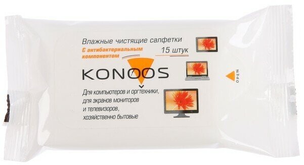 Салфетки для очистки техники Konoos KSC-15, влажные, для экранов, уп, 15 шт