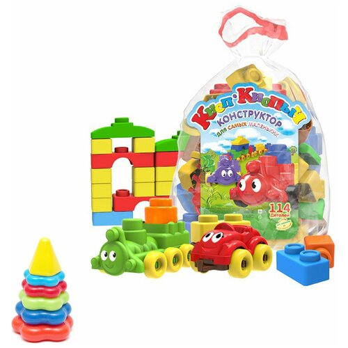 Развивающие игрушки для малышей набор Пирамидка детская малая + Конструктор Кноп-Кнопыч 114 дет.