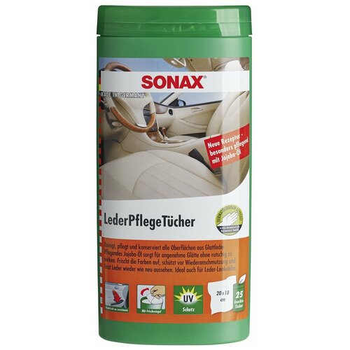 SONAX Leather care wipes Салфетки для очистки кожи в тубе, 25шт