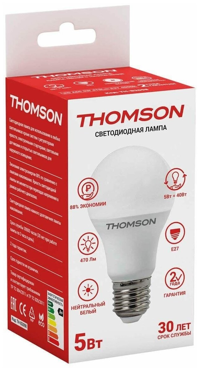 Лампа светодиодная Thomson E27 5W 4000K груша матовая TH-B2098 - фотография № 2