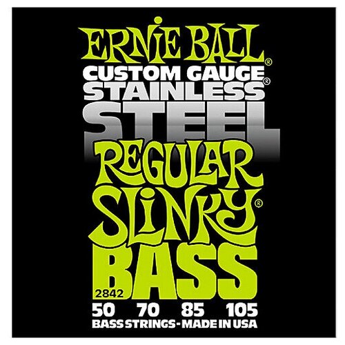 Струны 4-струнной для бас-гитары Ernie Ball 2842 Stainless Steel Bass Regular Slinky (50-70-85-105) гитарные струны ernie ball 2842 для бас гитары