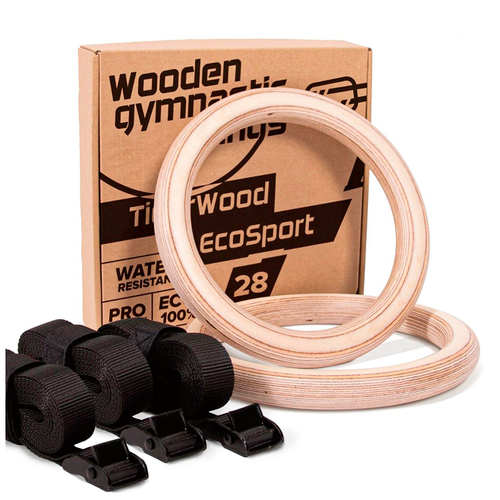 фото Спортивные деревянные кольца гимнастики tigerwood ecosport 28 + запасной ремень.