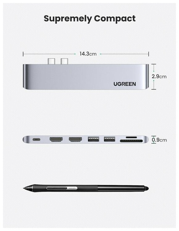 USB-концентратор 7 в 1 UGREEN адаптер переходник хаб для MacBook 2 x USB 30 2 х HDMI 4K SDTF Thunder Bolt 3