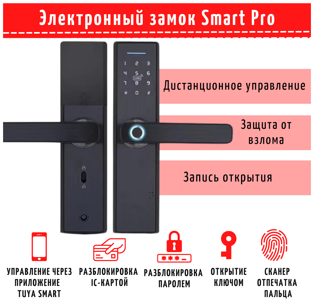 Замок электронный умный кодовый дверной SAFEBURG SMART PRO со сканером отпечатка, приложение TUYA