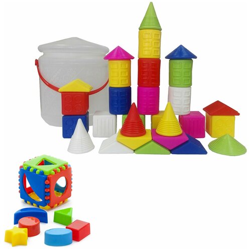 фото Набор развивающий: игрушка "кубик логический малый" арт. 40-0011 + конструктор «городок», 28 дет. арт. к-001 karolina toys