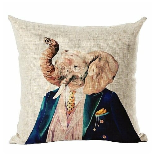 фото Декоративная подушка, "слон в синем пиджаке", льняная наволочка, цвет бежевый, 45х45 см,5 sisters 5s- pillow-147