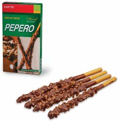 Печенье-соломка LOTTE "Pepero Almond", в шоколадной глазури с миндалем, в картонной упаковке, 36 г, Корея, 62004MO