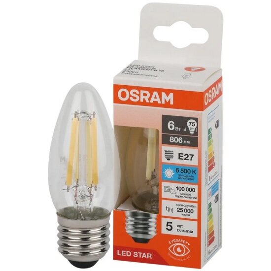 Светодиодная лампа Ledvance-osram Osram LED STAR CL B75 6W/865 220-240V FIL CL E27 806lm