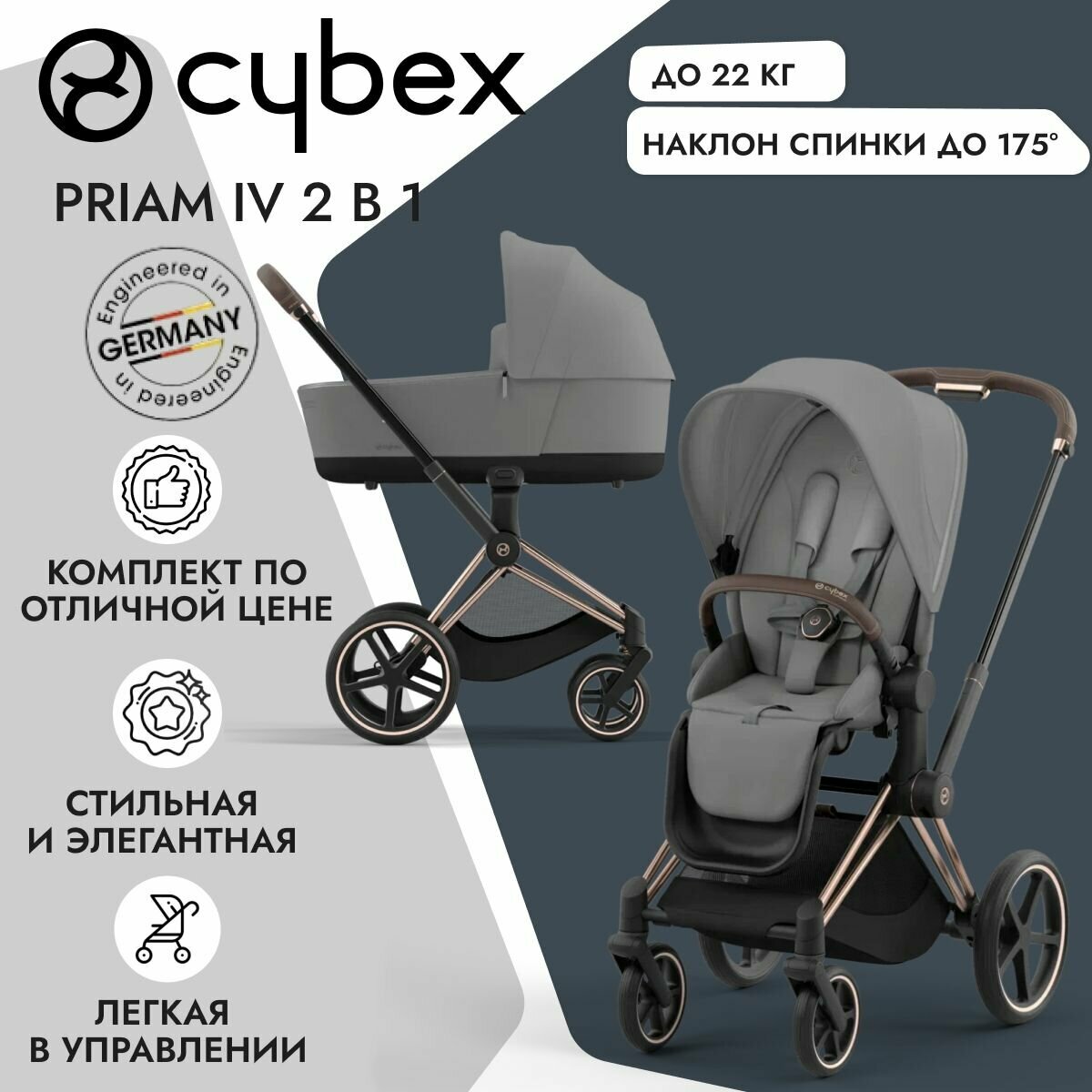 Детская коляска Cybex Priam IV 2-в-1 Mirage Grey на шасси IV Rosegold