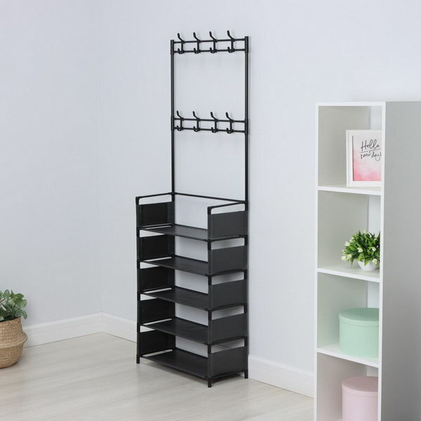 фото Стойка для одежды с полками для обуви 5 ярусов, 60x26x172 см, цвет чёрный