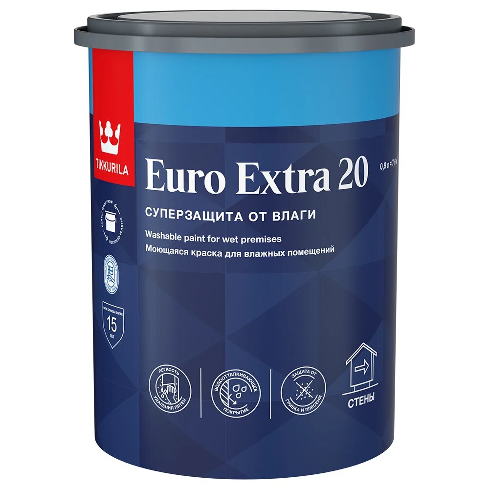 краска акриловая TIKKURILA Euro Extra 20 база А для стен и потолков 0,9л белая, арт.700001105 - фото №1