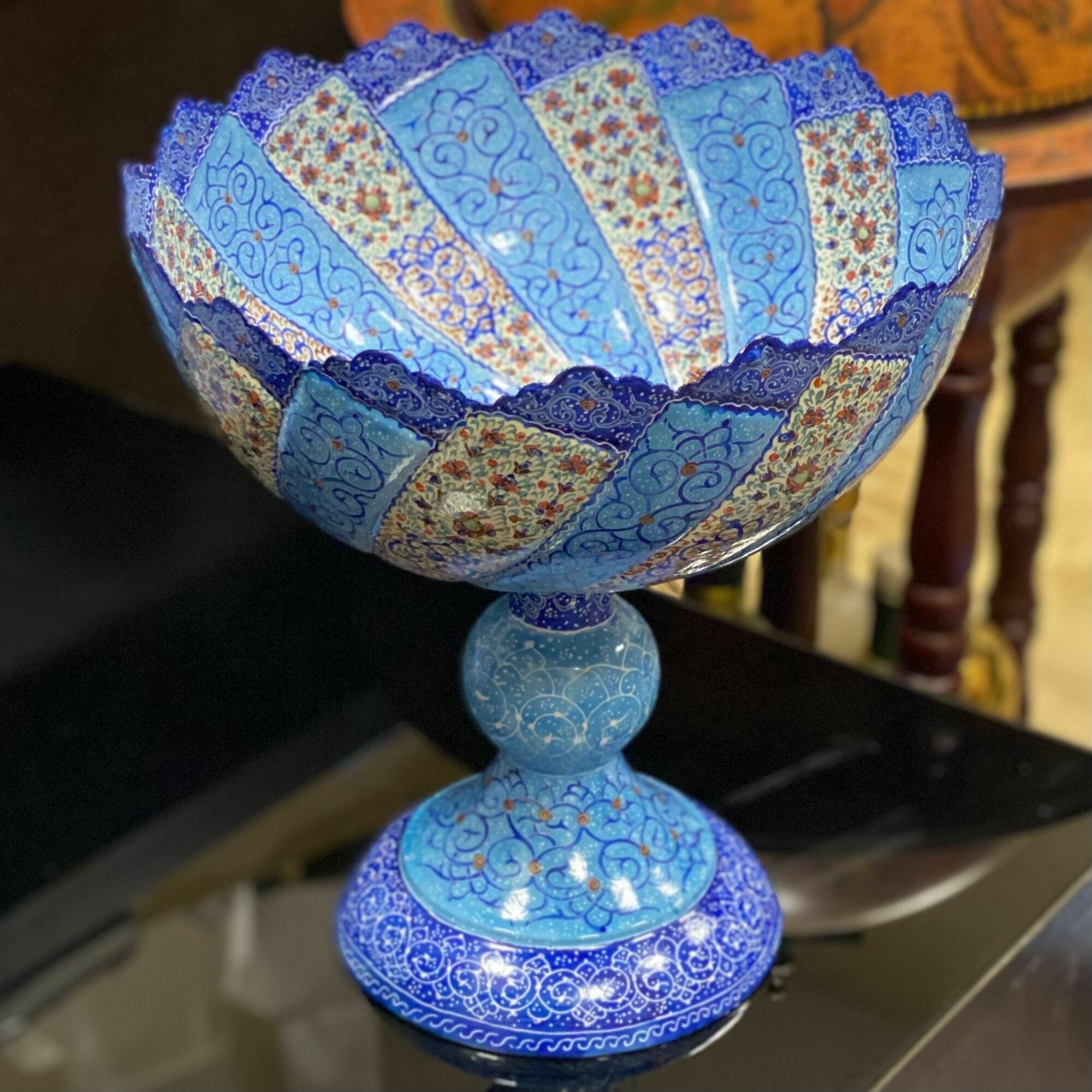 Фруктовница Персидский Базар "Минакари", металл, ручная роспись, 28см, голубой/темно-синий — фото 1