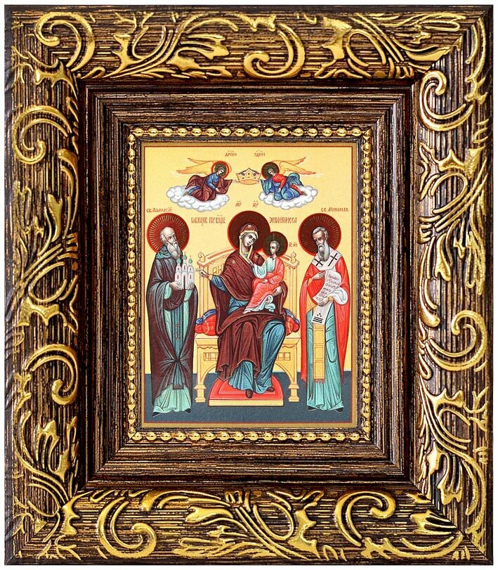 Икона Божией Матери "Экономисса" (лик № 042), в широкой темной пластиковой рамке 10,5*12 см