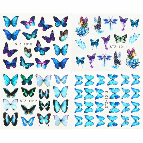 Набор наклеек для ногтей Full Beauty, бабочки, синий, черный, STZ1010-1013