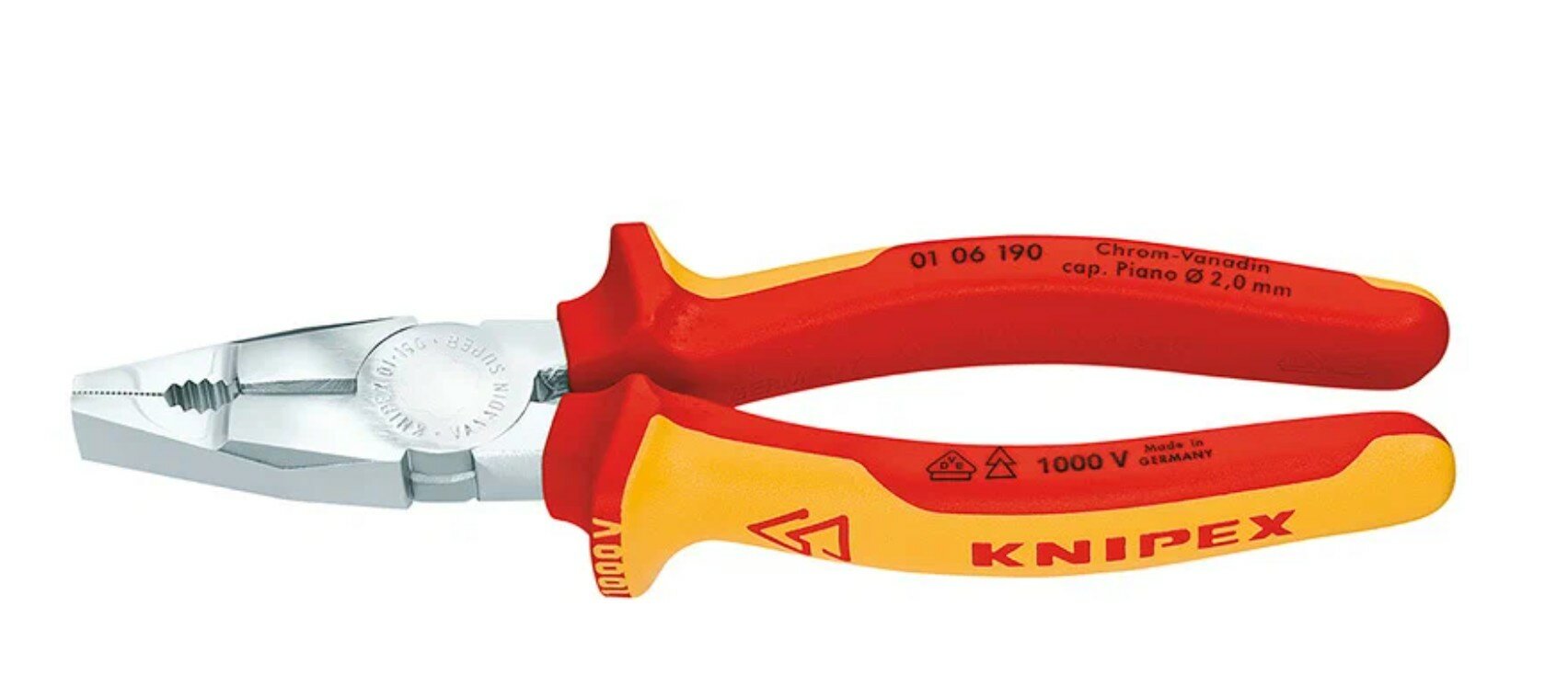 Плоскогубцы KNIPEX комбинированные VDE для тяжёлых нагрузок, 190 мм, хром, 2-комп диэлектрические ручки KN-0106190