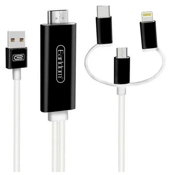 Кабель HDTV 3в1 Lightning+Micro+Type-C - HDMI Earldom ET-W13 серебро с белым — фото 1