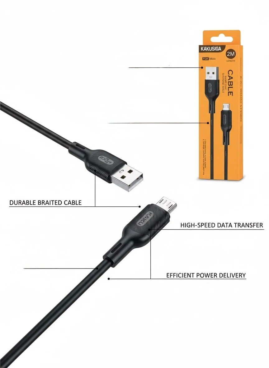 Кабель KAKUSIGA, для быстрой зарядки и передачи данных, Micro USB, черный, 1м — фото 1