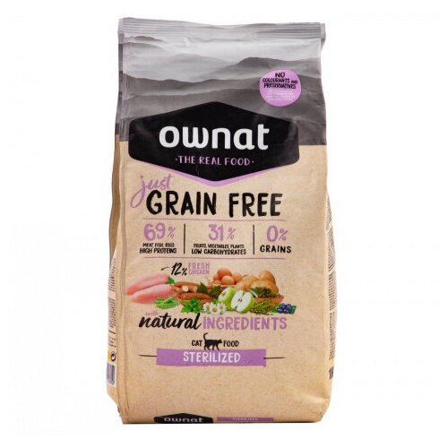 Ownat GRAIN FREE JUST сухой корм для стерилизованных кошек беззерновой, с курицей, 1 кг