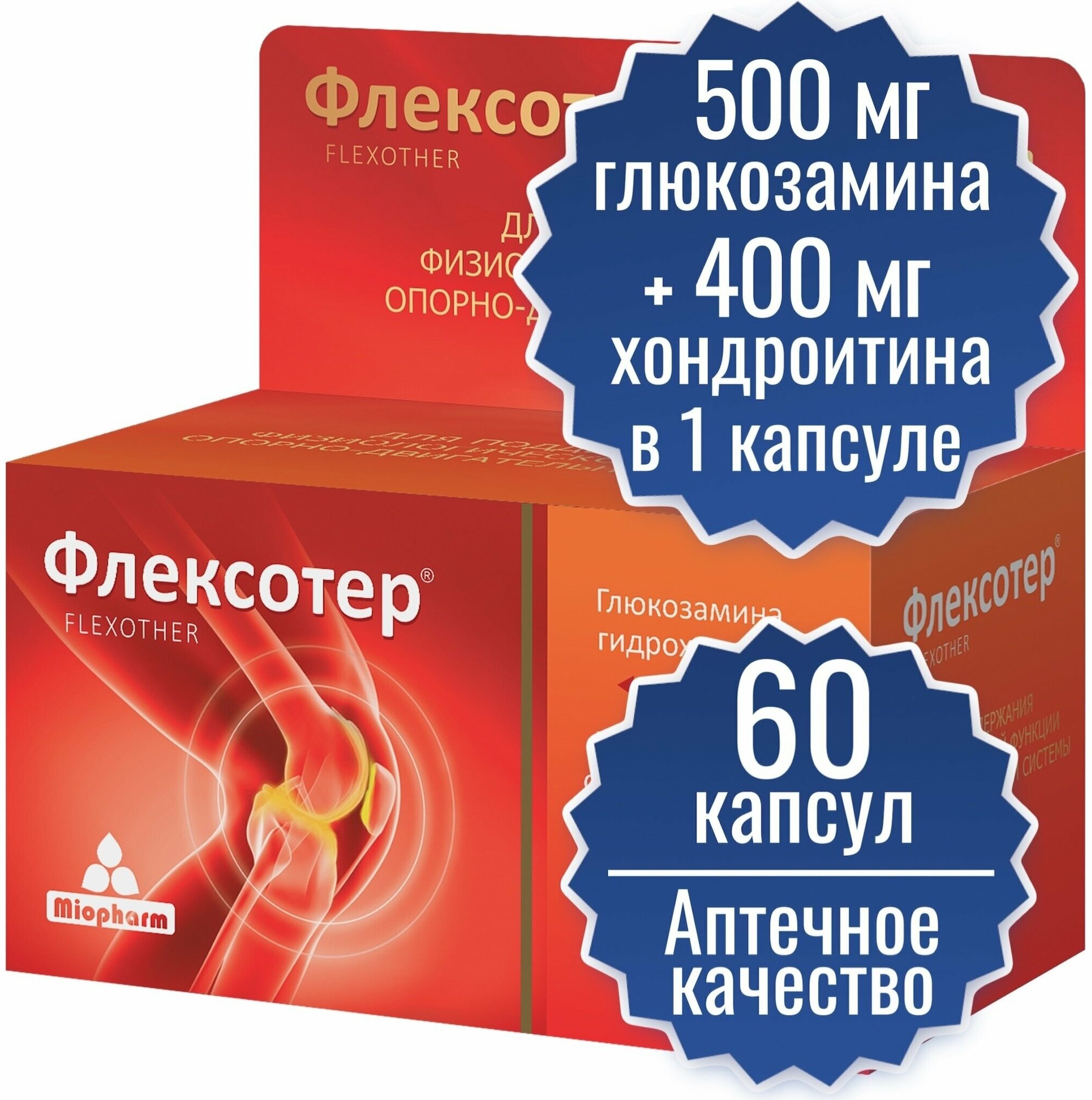 Флексотер хондроитин 400мг + глюкозамин 500мг 60 капсул по 900 мг. Суппорт колена. Для суставов и связок. msm. Хондропртектор.