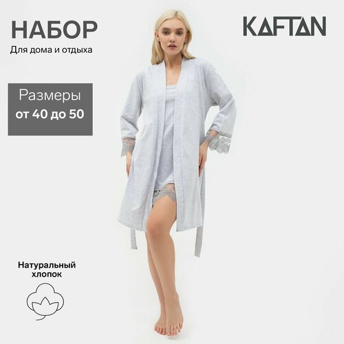 фото Комплект kaftan, сорочка, халат, укороченный рукав, пояс, размер 40-42, серый