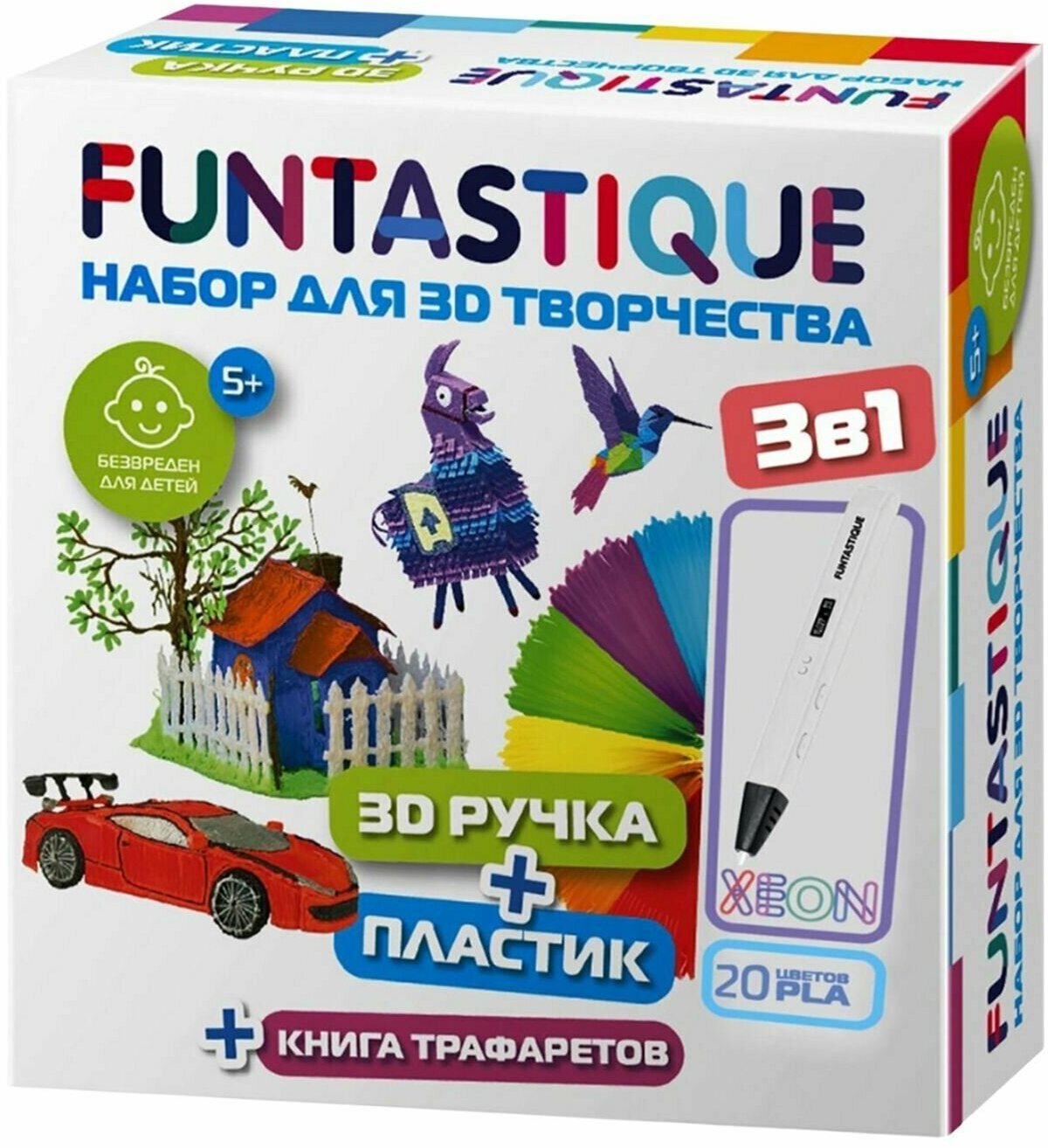 Набор для 3Д творчества FUNTASTIQUE 3D-ручка XEON (белый)+PLA-пластик 20 цветов+Книга с трафаретами , картриджи , стержни , триде , подарок для ребенка