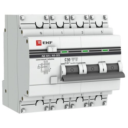 Дифференциальный автомат EKF АД-32S 4П 100 мА C 4.5 кА AC электронный 50 А 100 мА дифференциальный автомат ад 32 селективный 3p n 50а 300ма ekf proxima