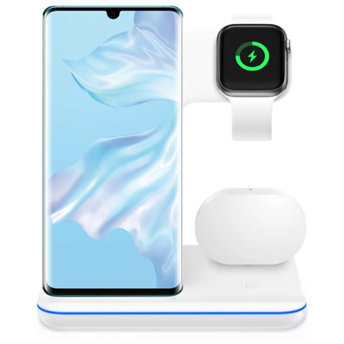 Беспроводная зарядная станция 3 в 1/NEW/ Быстрая зарядка LIDER 15W FAST для iPhone+iWatch+AirPods/Белая матовая